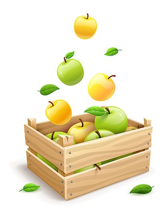falling with box - Ripe apple fruits falling into the wooden box. Eps10 vector illustration. Isolated on white background Stock Photo - Budget Royalty-Free & Subscription, Code: 400-08408090