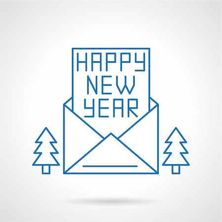 simsearch:400-08302730,k - Happy New Year letter or card in an opening envelope and two fir-trees. Winter holidays. Thin flat blue line style vector icon. Web design element for website and mobile app. Fotografie stock - Microstock e Abbonamento, Codice: 400-08408427