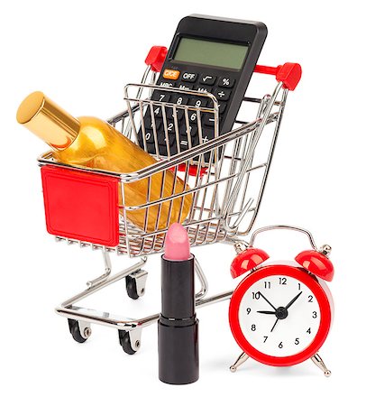 perfume shopping - Calculator and perfume in shopping cart with alarm clock on isolated white background Stock Photo - Budget Royalty-Free & Subscription, Code: 400-08408819