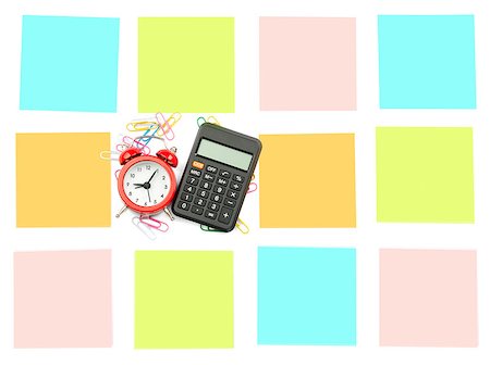 simsearch:400-04801462,k - Alarm clock with set of stickers and calculator on white Stock Photo - Budget Royalty-Free & Subscription, Code: 400-08408824