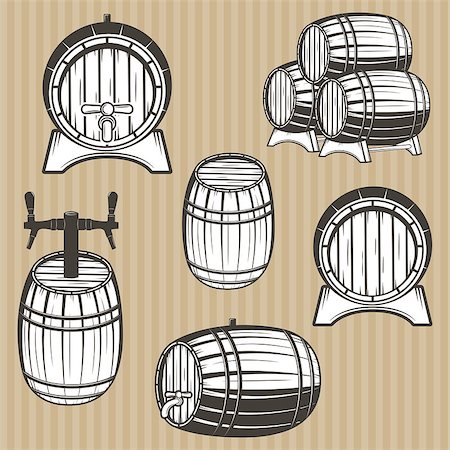 Vector set of barrels in vintage style. Collection barrels Stock Photo - Budget Royalty-Free & Subscription, Code: 400-08409159