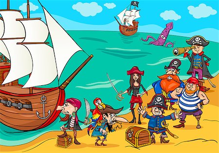 simsearch:400-08164280,k - Cartoon Illustrations of Fantasy Pirate Characters with Ship on Treasure Island Stockbilder - Microstock & Abonnement, Bildnummer: 400-08409497