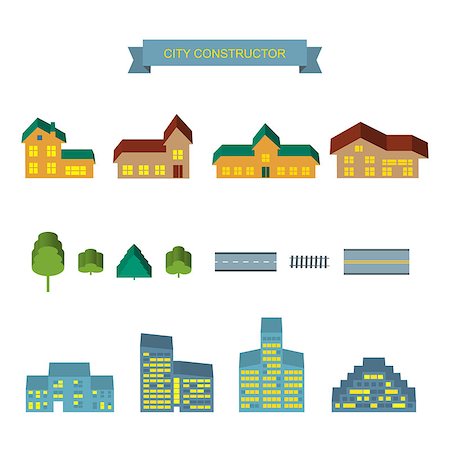 sasha2538 (artist) - Landscape constructor 3d icons set. Buildings houses, trees and architecture signs for map, game, texture. Design vector element isolated on white. Road elements, city elements Stockbilder - Microstock & Abonnement, Bildnummer: 400-08409657