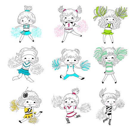 Cute sketch cartoon cheerleaders. Little girls with pompoms. Vector set. Stock Photo - Budget Royalty-Free & Subscription, Code: 400-08409897