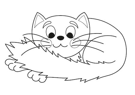 simsearch:400-07315892,k - Cartoon plump kitty, vector illustration of funny cute cat with kind muzzle, cat smiling, stretching and lying comfortably curtailed, coloring book page for children Fotografie stock - Microstock e Abbonamento, Codice: 400-08400818