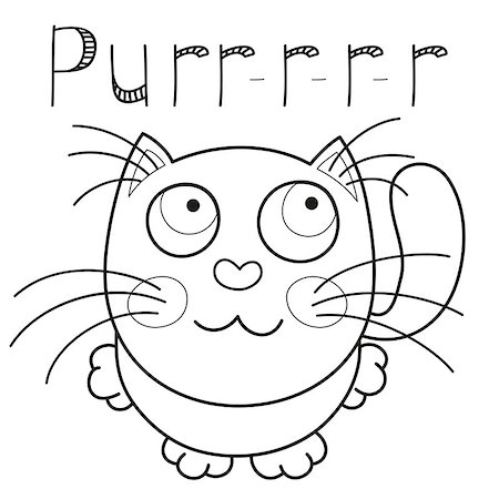 simsearch:400-07979130,k - Cartoon smiling kitty, vector illustration of cute purring cat sitting and looking to camera, caressing missed lonely kitten, coloring book page for children Foto de stock - Super Valor sin royalties y Suscripción, Código: 400-08400822