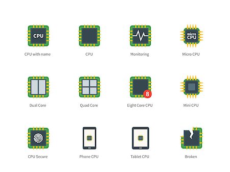 simsearch:400-03966982,k - Pictogram collection of Modern Computer Processor and Multi Core Processors, Eco, Broken CPU for Repair Service and Computer Shop. Flat color icons set. Isolated on white background. Stock Photo - Budget Royalty-Free & Subscription, Code: 400-08401689