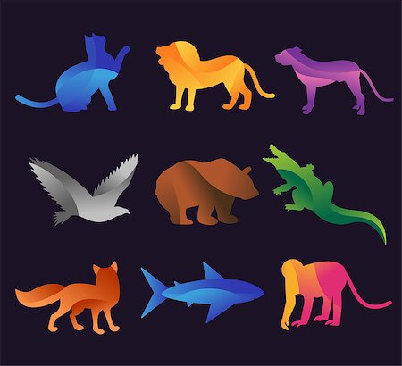 simsearch:400-09137433,k - Animal zoo vector icons set. Wild animals vector collection. Jungle animals, vector animals, fox, lion, monkey, cat and dog. Sea and forest animals icon. Pets logo silhouette Photographie de stock - Aubaine LD & Abonnement, Code: 400-08401730