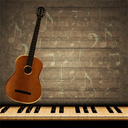 drstokvektor (artist) - Vector musical background with acoustic guitar and dimming the piano keys on the texture background with music notes and signs.It can be used as a poster, advertising or separately. Stockbilder - Microstock & Abonnement, Bildnummer: 400-08401778