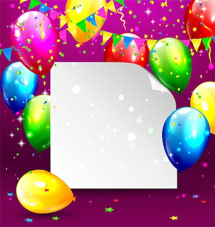 Multicolored inflatable balloons with paper frame buntings and confetti on violet background Fotografie stock - Microstock e Abbonamento, Codice: 400-08401857