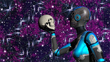 picture for futuristic biotechnology - Illustration of futuristic Female Android in Deep Space holding human skull Stock Photo - Budget Royalty-Free & Subscription, Code: 400-08401943