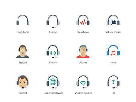 simsearch:400-08096768,k - Pictogram collection of Headphones and Support, Headset, Sound wave, Volume control and Listener for Website Call-centre and Support center. Flat color icons set. Isolated on white background. Photographie de stock - Aubaine LD & Abonnement, Code: 400-08402488