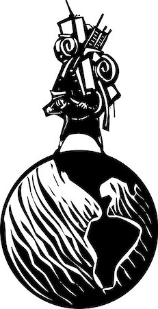 Woodcut style image of man carrying all his possessions on his back astride a globe Foto de stock - Super Valor sin royalties y Suscripción, Código: 400-08402527