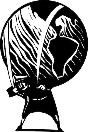 Woodcut style image of a man carrying the world on his shoulders. Foto de stock - Super Valor sin royalties y Suscripción, Código: 400-08402530