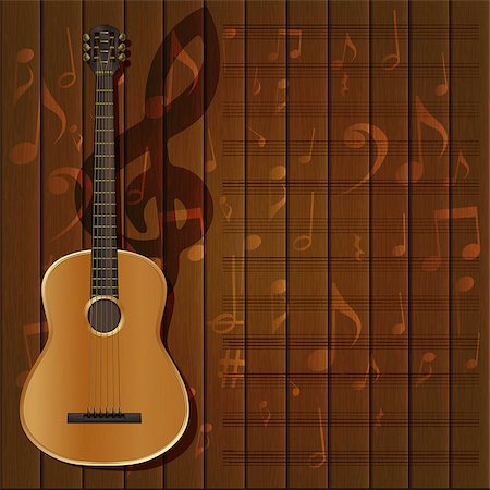 drstokvektor (artist) - Vector musical background frame with a guitar and a treble clef on the texture wooden background with musical signs and music sheet.It can be used as a poster, advertising or separately. Stockbilder - Microstock & Abonnement, Bildnummer: 400-08402710