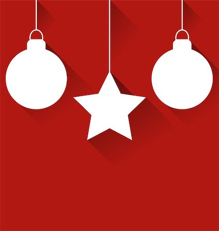 Two Christmas balls and star with effect of long shadows on red background Fotografie stock - Microstock e Abbonamento, Codice: 400-08402770