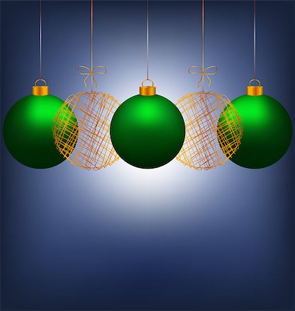 simsearch:400-08406041,k - Tree green and two golden netting Christmas balls with light on blue background Fotografie stock - Microstock e Abbonamento, Codice: 400-08402771