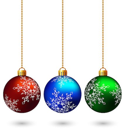 Three multicolored christmas balls hang on the chain isolated on white background Fotografie stock - Microstock e Abbonamento, Codice: 400-08402773