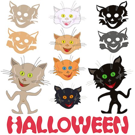 Halloween set of funny cats, feline masks and stencils of faces and Halloween inscription, vector design elements isolated on a white background Stock Photo - Budget Royalty-Free & Subscription, Code: 400-08403130