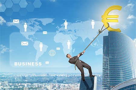 simsearch:400-06091141,k - Businessman climbing skyscraper holding golden euro sign Photographie de stock - Aubaine LD & Abonnement, Code: 400-08403347