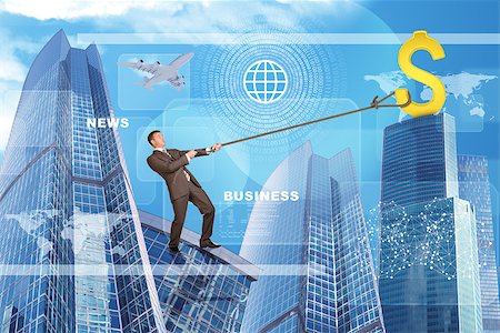 dollar sign and building illustration - Businessman climbing skyscraper holding golden dollar sign Stock Photo - Budget Royalty-Free & Subscription, Code: 400-08403348