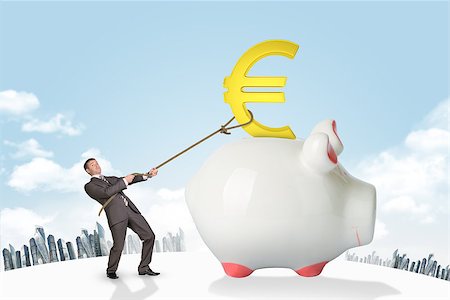 simsearch:400-06091141,k - Businessman holding euro sign with rope on piggy bank on city background Photographie de stock - Aubaine LD & Abonnement, Code: 400-08403343