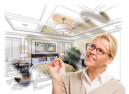 simsearch:400-08772366,k - Creative Woman With Pencil Over Custom Bedroom Design Drawing and Photo Combination. Stock Photo - Budget Royalty-Free & Subscription, Code: 400-08403579