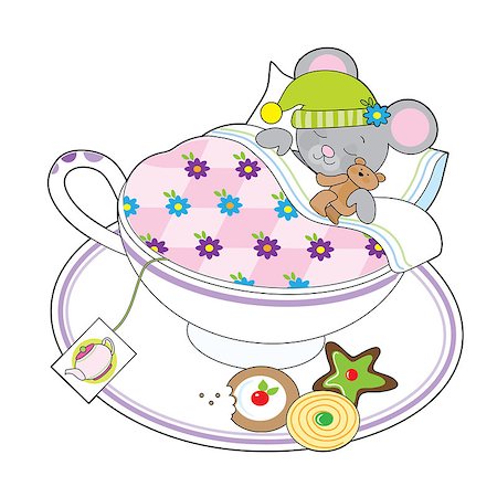 A little grey mouse and his teddy bear are asleep in a teacup. Stock Photo - Budget Royalty-Free & Subscription, Code: 400-08403751
