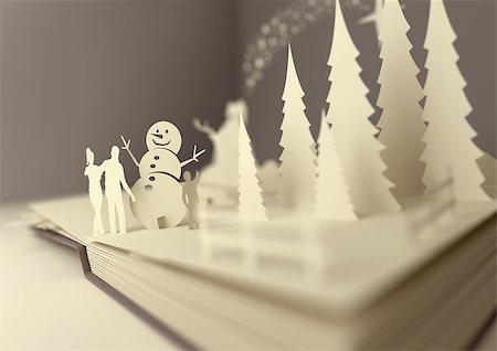 Pop-Up Book - Christmas Story. Styled 3D pop-up book with a chrsitmas theme including a family building a snowman, winter forest and stars. Illustration. Fotografie stock - Microstock e Abbonamento, Codice: 400-08403814