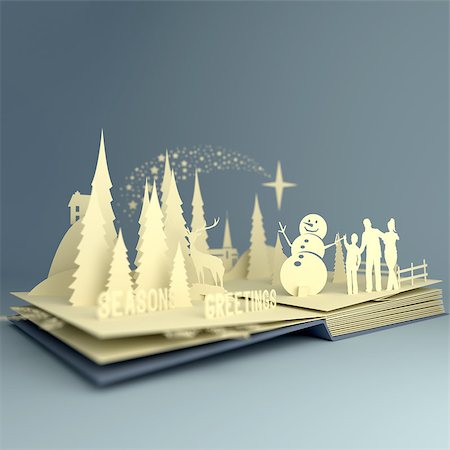 popping up - Pop-Up Book - Christmas Story. Styled 3D pop-up book with a chrsitmas theme including a family building a snowman, winter forest and stars. Illustration. Stock Photo - Budget Royalty-Free & Subscription, Code: 400-08403815