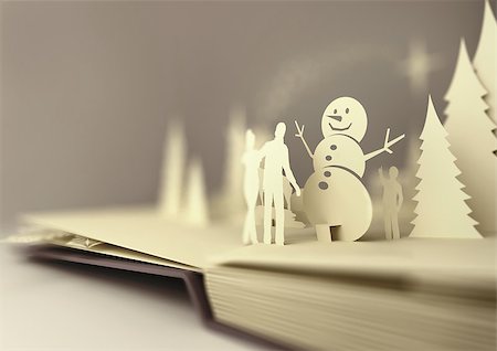 popping up - Pop-Up Book - Christmas Story. Styled 3D pop-up book with a chrsitmas theme including a family building a snowman, winter forest and stars. Illustration. Stock Photo - Budget Royalty-Free & Subscription, Code: 400-08403813