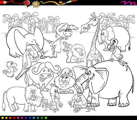 simsearch:400-08406201,k - Black and White Cartoon Illustration of Scene with African Safari Animals Characters Group for Coloring Book Foto de stock - Super Valor sin royalties y Suscripción, Código: 400-08403889