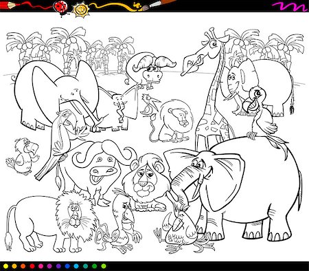 simsearch:400-07309801,k - Black and White Cartoon Illustration of Scene with African Safari Animals Characters Group for Coloring Book Stock Photo - Budget Royalty-Free & Subscription, Code: 400-08403889