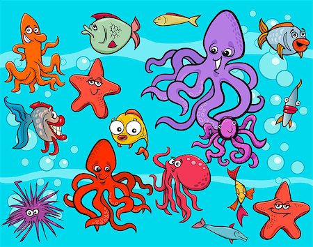 simsearch:400-08916743,k - Cartoon Illustrations of Funny Sea Life Animals and Fish Characters Group Stock Photo - Budget Royalty-Free & Subscription, Code: 400-08403892