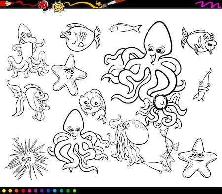 simsearch:400-08916743,k - Black and White Cartoon Illustrations of Funny Sea Life Animals and Fish Characters Group for Coloring Book Stock Photo - Budget Royalty-Free & Subscription, Code: 400-08403893