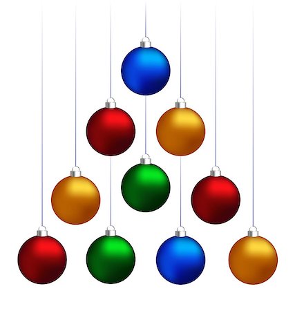 Ten multicolored christmas balls hanging like fir tree isolated on white background Fotografie stock - Microstock e Abbonamento, Codice: 400-08403934