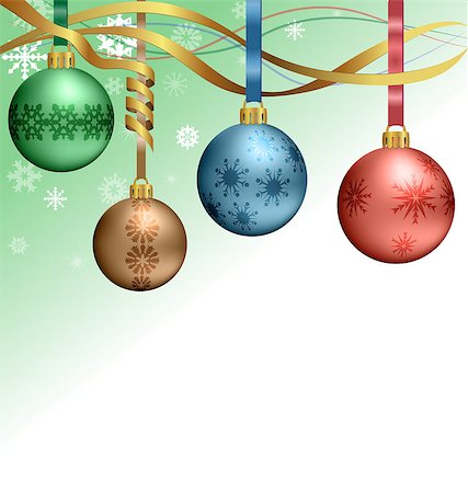 Four multicolored Christmas balls hanging on ribbons Fotografie stock - Microstock e Abbonamento, Codice: 400-08403931