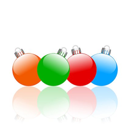 Four multicolored christmas balls with reflection isolated on white background Fotografie stock - Microstock e Abbonamento, Codice: 400-08403933