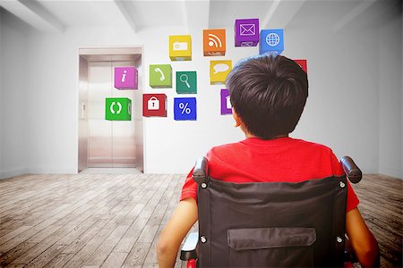 school child door - Rear view of boy sitting in wheelchair against room with elevator Stock Photo - Budget Royalty-Free & Subscription, Code: 400-08414098