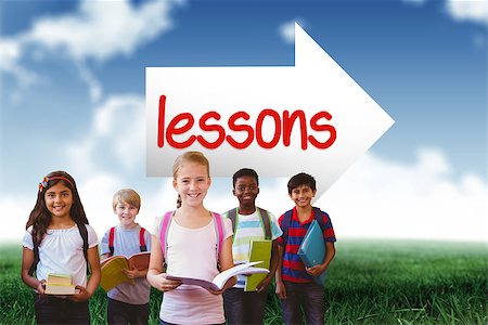 The word lessons and smiling little school kids in school corridor against blue sky over green field Stock Photo - Budget Royalty-Free & Subscription, Code: 400-08414146