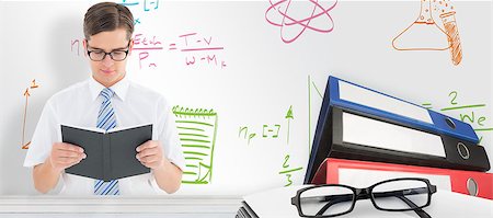 simsearch:400-07682840,k - Geeky businessman reading from book against desk Fotografie stock - Microstock e Abbonamento, Codice: 400-08414162