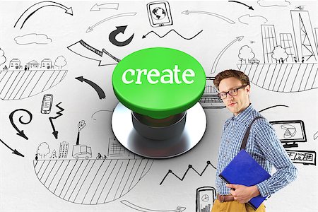 The word create and geeky student holding a notebook against digitally generated green push button Stock Photo - Budget Royalty-Free & Subscription, Code: 400-08414283
