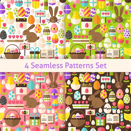 Four Happy Easter Holiday Seamless Patterns Set. Flat Design Vector Illustration. Tile Background. Set of Spring Christian Religion Items. Stock Photo - Budget Royalty-Free & Subscription, Code: 400-08414588