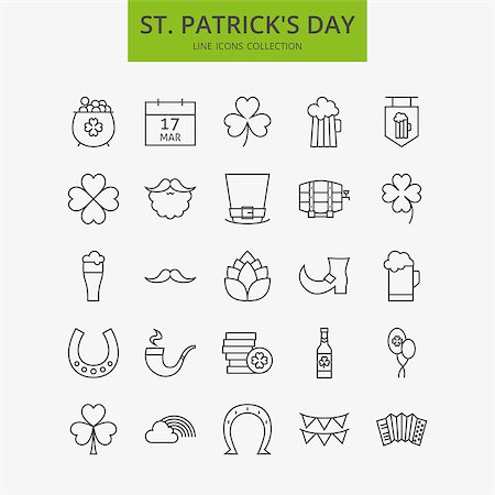 simsearch:400-04316567,k - Line Happy Saint Patrick Day Icons Big Set. Vector Set of Spring Holiday Seasonal Modern Thin Line Icons for Web and Mobile. Irish Icons Collection. Foto de stock - Royalty-Free Super Valor e Assinatura, Número: 400-08414626