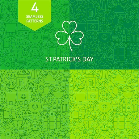 simsearch:400-04316567,k - Thin Line Saint Patrick Day Patterns Set. Four Green Vector Design and Seamless Background in Trendy Modern Outline Style. Foto de stock - Royalty-Free Super Valor e Assinatura, Número: 400-08414652