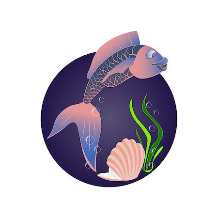 sea fish circle picture - Funny sea fish. Mermaid and pearl. Marine and underwater themes. Stock Photo - Budget Royalty-Free & Subscription, Code: 400-08415009