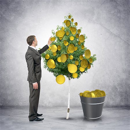 Businessman collecting coins from tree with bucket full of money, easy money concept Stock Photo - Budget Royalty-Free & Subscription, Code: 400-08415088