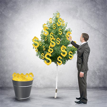 Businessman collecting dollar signs from tree with bucket full of dollars, easy money concept Stock Photo - Budget Royalty-Free & Subscription, Code: 400-08415089