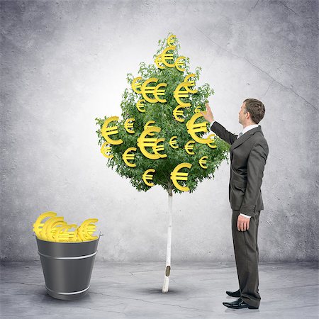Businessman collecting euro signs from tree with bucket full of dollars, easy money concept Stock Photo - Budget Royalty-Free & Subscription, Code: 400-08415090
