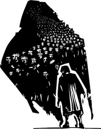 Woodcut style expressionist image of an elderly woman with her shadow having a crowd of refugees Foto de stock - Super Valor sin royalties y Suscripción, Código: 400-08415123